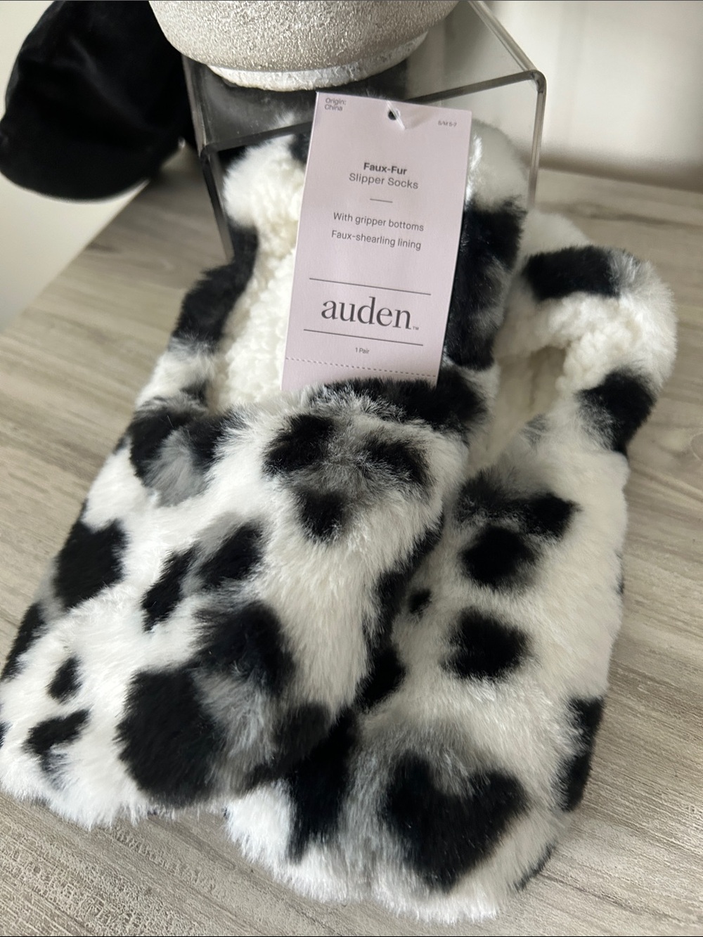 Auden Black & White Faux-Fur Cow Print Slipper Socks NWT